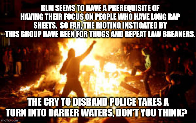 BLM | BLM SEEMS TO HAVE A PREREQUISITE OF HAVING THEIR FOCUS ON PEOPLE WHO HAVE LONG RAP SHEETS.  SO FAR, THE RIOTING INSTIGATED BY THIS GROUP HAVE BEEN FOR THUGS AND REPEAT LAW BREAKERS. THE CRY TO DISBAND POLICE TAKES A TURN INTO DARKER WATERS, DON'T YOU THINK? | image tagged in anarchy riot,blm riot | made w/ Imgflip meme maker