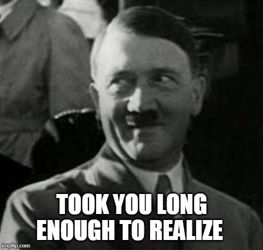 Hitler laugh  | TOOK YOU LONG ENOUGH TO REALIZE | image tagged in hitler laugh | made w/ Imgflip meme maker