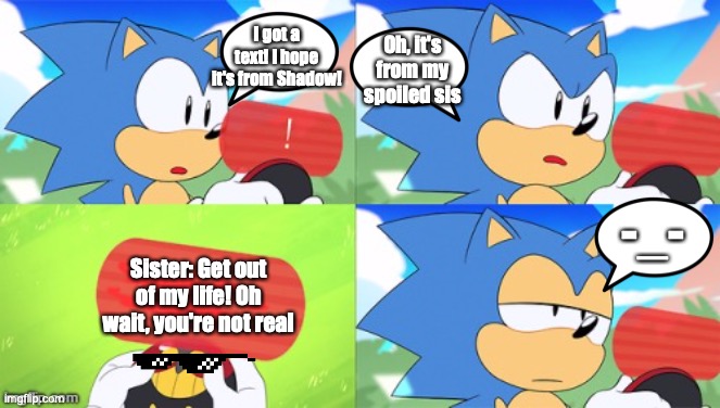 The Sonic Mania Meme | I got a text! I hope it's from Shadow! Oh, it's from my spoiled sis; -_-; Sister: Get out of my life! Oh wait, you're not real | image tagged in the sonic mania meme | made w/ Imgflip meme maker