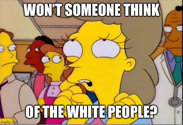 helen lovejoy | WON’T SOMEONE THINK; OF THE WHITE PEOPLE? | image tagged in helen lovejoy,think of the,white people,black lives matter | made w/ Imgflip meme maker