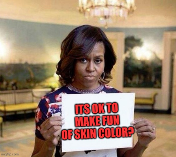 Michelle Obama blank sheet | ITS OK TO MAKE FUN OF SKIN COLOR? | image tagged in michelle obama blank sheet | made w/ Imgflip meme maker