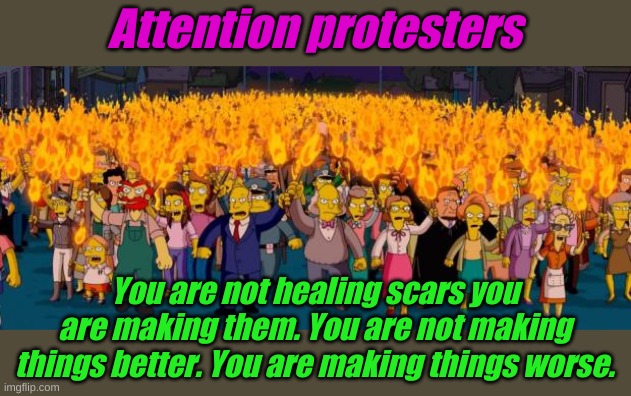 Enough! Division does not create unity. | Attention protesters; You are not healing scars you are making them. You are not making things better. You are making things worse. | image tagged in simpsons angry mob torches | made w/ Imgflip meme maker