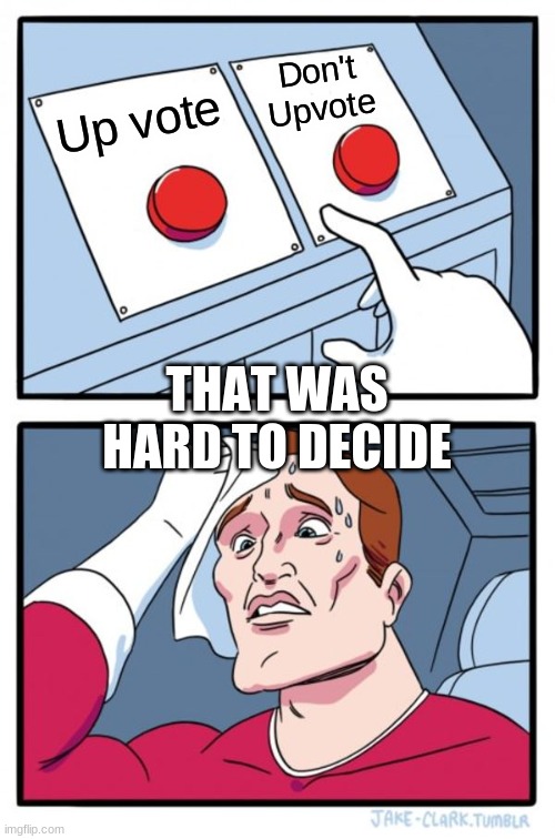 Two Buttons Meme | Don't Upvote; Up vote; THAT WAS HARD TO DECIDE | image tagged in memes,two buttons | made w/ Imgflip meme maker