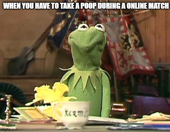 disgusted kermit | WHEN YOU HAVE TO TAKE A POOP DURING A ONLINE MATCH | image tagged in disgusted kermit | made w/ Imgflip meme maker
