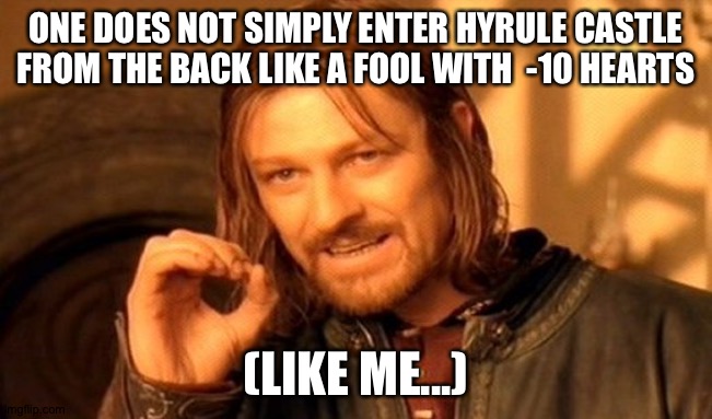 The BOTW finale | ONE DOES NOT SIMPLY ENTER HYRULE CASTLE FROM THE BACK LIKE A FOOL WITH  -10 HEARTS; (LIKE ME...) | image tagged in memes,one does not simply | made w/ Imgflip meme maker