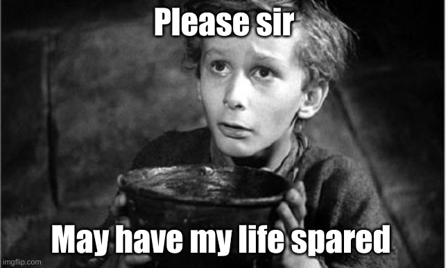 Begging | Please sir May have my life spared | image tagged in begging | made w/ Imgflip meme maker