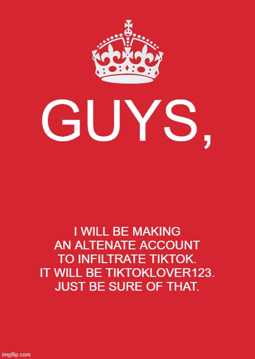 Keep Calm And Carry On Red | GUYS, I WILL BE MAKING AN ALTENATE ACCOUNT TO INFILTRATE TIKTOK. IT WILL BE TIKTOKLOVER123. JUST BE SURE OF THAT. | image tagged in memes,keep calm and carry on red | made w/ Imgflip meme maker