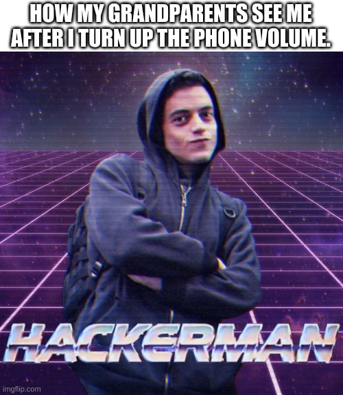 An everyday meme | HOW MY GRANDPARENTS SEE ME AFTER I TURN UP THE PHONE VOLUME. | image tagged in hackerman | made w/ Imgflip meme maker