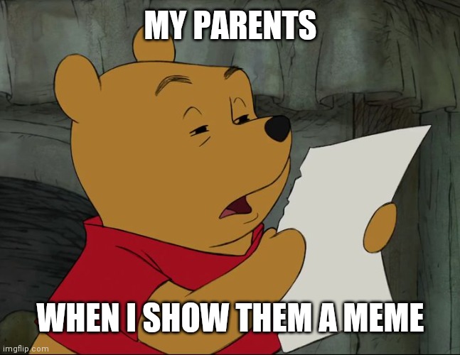 Winnie The Pooh | MY PARENTS; WHEN I SHOW THEM A MEME | image tagged in winnie the pooh | made w/ Imgflip meme maker