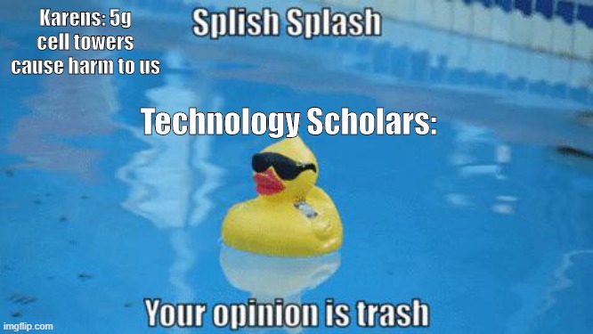Tech Scholars vs. Karens | Karens: 5g cell towers cause harm to us; Technology Scholars: | image tagged in splish splash your opinion is trash,karens,ducc,real world problems | made w/ Imgflip meme maker