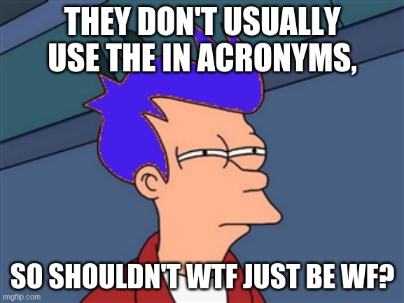 wf not wtf | THEY DON'T USUALLY USE THE IN ACRONYMS, SO SHOULDN'T WTF JUST BE WF? | image tagged in memes,blue futurama fry,wtf,fry,wf | made w/ Imgflip meme maker