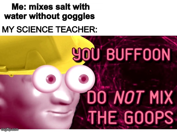 DO NOT MIX THE SALT | Me: mixes salt with water without goggles; MY SCIENCE TEACHER: | image tagged in funny,memes,xd | made w/ Imgflip meme maker