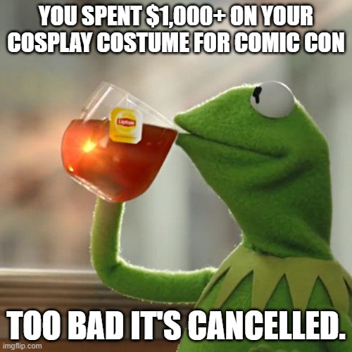 But That's None Of My Business | YOU SPENT $1,000+ ON YOUR COSPLAY COSTUME FOR COMIC CON; TOO BAD IT'S CANCELLED. | image tagged in memes,but that's none of my business,kermit the frog | made w/ Imgflip meme maker