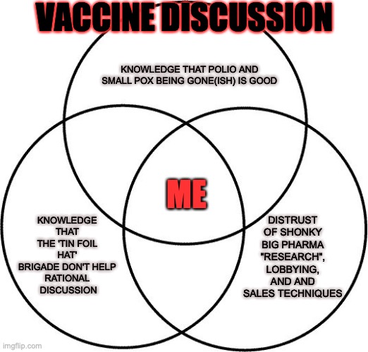 Venn diagram | VACCINE DISCUSSION; KNOWLEDGE THAT POLIO AND SMALL POX BEING GONE(ISH) IS GOOD; DISTRUST OF SHONKY BIG PHARMA "RESEARCH", LOBBYING, AND AND SALES TECHNIQUES; ME; KNOWLEDGE THAT THE 'TIN FOIL HAT' BRIGADE DON'T HELP
RATIONAL
 DISCUSSION | image tagged in venn diagram | made w/ Imgflip meme maker