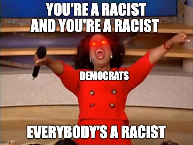 Oprah You Get A | YOU'RE A RACIST AND YOU'RE A RACIST; DEMOCRATS; EVERYBODY'S A RACIST | image tagged in memes,oprah you get a | made w/ Imgflip meme maker