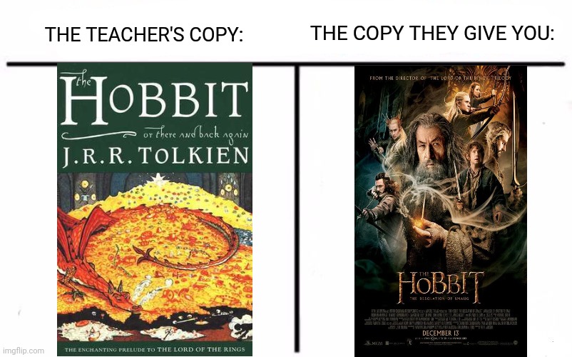 This pretty much sums it up... | THE COPY THEY GIVE YOU:; THE TEACHER'S COPY: | image tagged in memes,who would win,lord of the rings,the hobbit | made w/ Imgflip meme maker