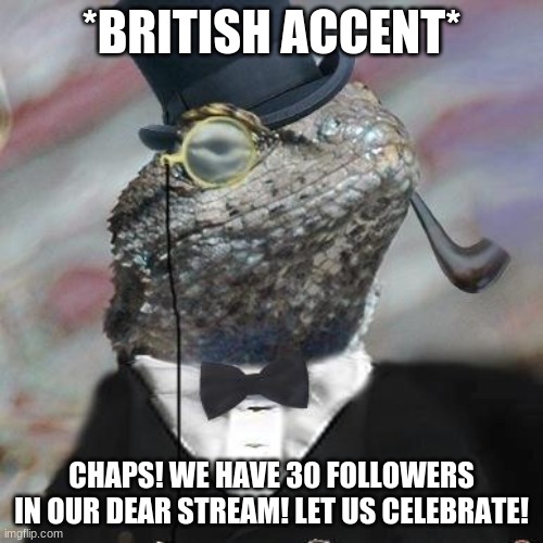 YAY!! | *BRITISH ACCENT*; CHAPS! WE HAVE 30 FOLLOWERS IN OUR DEAR STREAM! LET US CELEBRATE! | image tagged in lizard squad,party,lizard | made w/ Imgflip meme maker
