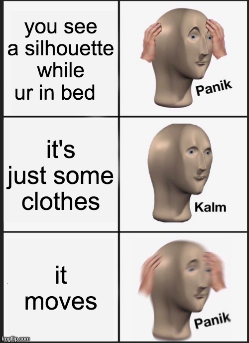 Panik Kalm Panik Meme | you see a silhouette while ur in bed; it's just some clothes; it moves | image tagged in panik kalm panik | made w/ Imgflip meme maker