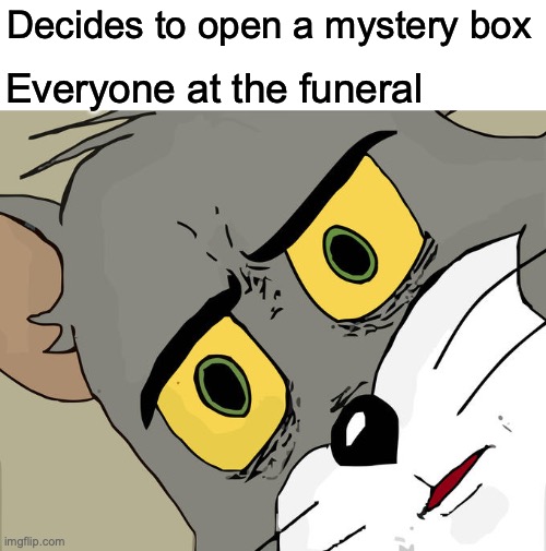 Wtf bro | Decides to open a mystery box; Everyone at the funeral | image tagged in memes,unsettled tom | made w/ Imgflip meme maker