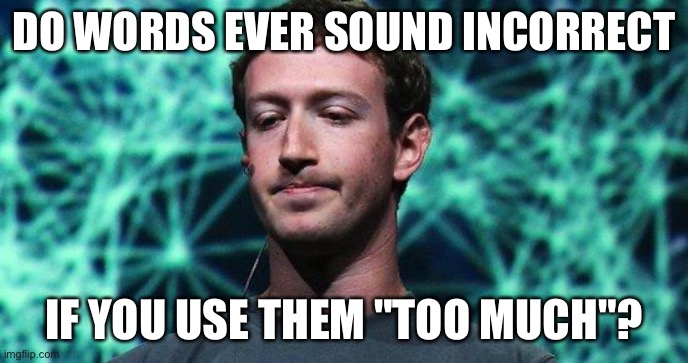 Speechless Zuckerberg | DO WORDS EVER SOUND INCORRECT; IF YOU USE THEM "TOO MUCH"? | image tagged in speechless zuckerberg | made w/ Imgflip meme maker