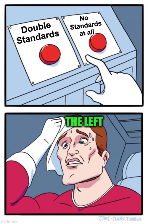 Two Buttons Meme | Double
Standards No 
Standards
at all THE LEFT | image tagged in memes,two buttons | made w/ Imgflip meme maker