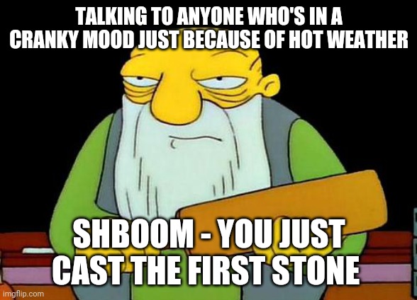 Be careful when you talk to someone depending on their mood depending on the reason | TALKING TO ANYONE WHO'S IN A CRANKY MOOD JUST BECAUSE OF HOT WEATHER; SHBOOM - YOU JUST CAST THE FIRST STONE | image tagged in memes,that's a paddlin',hot weather,savage memes,words of widsom | made w/ Imgflip meme maker