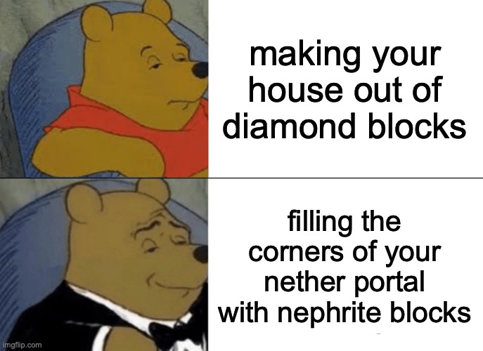 Minecraft thing | making your house out of diamond blocks; filling the corners of your nether portal with nephrite blocks | image tagged in memes,tuxedo winnie the pooh | made w/ Imgflip meme maker