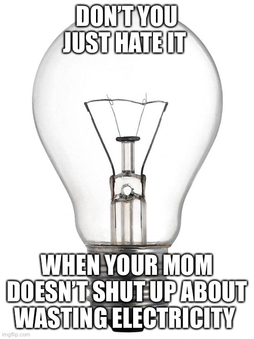 Light Bulb | DON’T YOU JUST HATE IT; WHEN YOUR MOM DOESN’T SHUT UP ABOUT WASTING ELECTRICITY | image tagged in light bulb | made w/ Imgflip meme maker