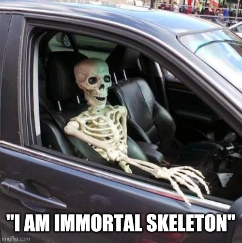 "I AM IMMORTAL SKELETON" | image tagged in skeleton in car | made w/ Imgflip meme maker