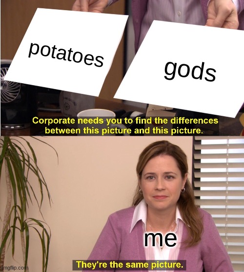 I love potatoes so much (probs cuz I am one lol) | potatoes; gods; me | image tagged in memes,they're the same picture,potatoes | made w/ Imgflip meme maker