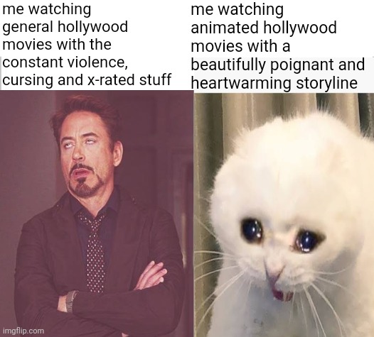 me watching general hollywood movies with the constant violence, cursing and x-rated stuff; me watching animated hollywood movies with a beautifully poignant and heartwarming storyline | image tagged in white background | made w/ Imgflip meme maker