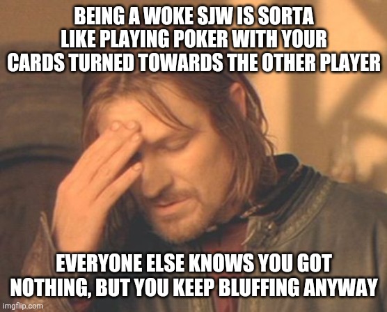 SJW is getting so old | BEING A WOKE SJW IS SORTA LIKE PLAYING POKER WITH YOUR CARDS TURNED TOWARDS THE OTHER PLAYER; EVERYONE ELSE KNOWS YOU GOT NOTHING, BUT YOU KEEP BLUFFING ANYWAY | image tagged in memes,frustrated boromir,sjw,idiot,ConservativeMemes | made w/ Imgflip meme maker
