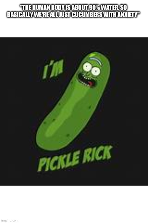 anxiety of pickle rick | "THE HUMAN BODY IS ABOUT 90% WATER, SO BASICALLY WE'RE ALL JUST CUCUMBERS WITH ANXIETY" | image tagged in im pickle rick | made w/ Imgflip meme maker