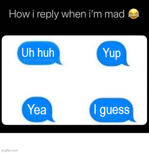 Mad Text Response | Uh huh; Yup; COVELL BELLAMY III; I guess; Yea | image tagged in mad text response | made w/ Imgflip meme maker