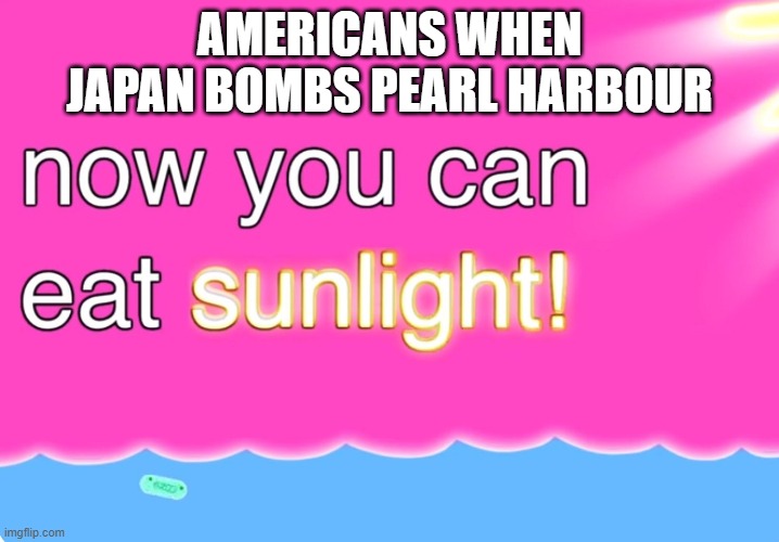 Now You Can Eat Sunlight | AMERICANS WHEN JAPAN BOMBS PEARL HARBOUR | image tagged in now you can eat sunlight | made w/ Imgflip meme maker