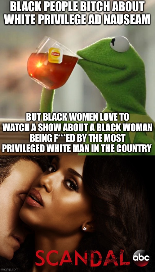 BLACK PEOPLE BITCH ABOUT WHITE PRIVILEGE AD NAUSEAM; BUT BLACK WOMEN LOVE TO WATCH A SHOW ABOUT A BLACK WOMAN BEING F***ED BY THE MOST PRIVILEGED WHITE MAN IN THE COUNTRY | image tagged in memes,but that's none of my business,black people,black woman,white privilege,scandal | made w/ Imgflip meme maker