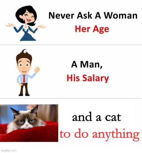 ask a dog if you have to. | and a cat; to do anything | image tagged in never ask a woman her age,cat,grumpy cat,rip grumpy cat,memes | made w/ Imgflip meme maker