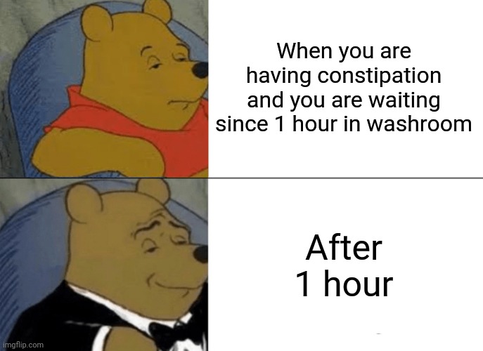 Tuxedo Winnie The Pooh | When you are having constipation and you are waiting since 1 hour in washroom; After 1 hour | image tagged in memes,tuxedo winnie the pooh | made w/ Imgflip meme maker