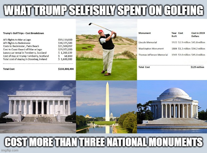 President Trump - Start paying your outrageous golf costs out of your own pocket! | WHAT TRUMP SELFISHLY SPENT ON GOLFING; COST MORE THAN THREE NATIONAL MONUMENTS | image tagged in trump golfing,abuse,waste,tax dollars,washington dc | made w/ Imgflip meme maker