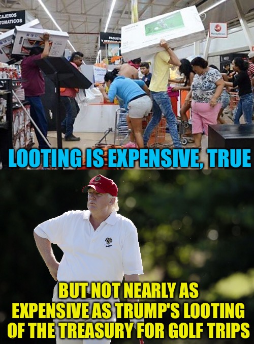 More hypocrisy from the Right | LOOTING IS EXPENSIVE, TRUE; BUT NOT NEARLY AS EXPENSIVE AS TRUMP'S LOOTING OF THE TREASURY FOR GOLF TRIPS | image tagged in fat trump golfing,looters | made w/ Imgflip meme maker