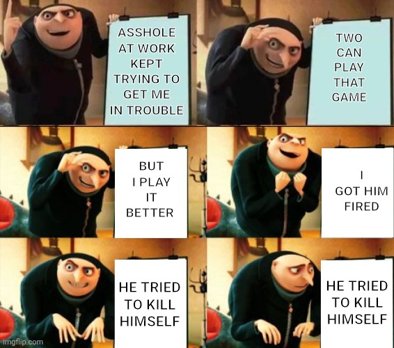 Well, SHIT! | TWO CAN PLAY THAT GAME; ASSHOLE AT WORK KEPT TRYING TO GET ME IN TROUBLE; BUT I PLAY IT BETTER; I GOT HIM FIRED; HE TRIED TO KILL HIMSELF; HE TRIED TO KILL HIMSELF | image tagged in gru diabolical plan fail,gru's plan,memes,suicide,coworkers,this isn't how you're supposed to play the game | made w/ Imgflip meme maker