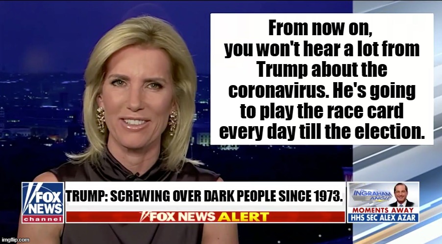 Trump wants to frighten his base using black people. Are you as bigoted as he is? | From now on, 
you won't hear a lot from Trump about the coronavirus. He's going to play the race card every day till the election. TRUMP: SCREWING OVER DARK PEOPLE SINCE 1973. | image tagged in laura ingraham is a blank,trump,racist,bigot,fascist,election 2020 | made w/ Imgflip meme maker
