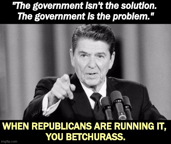 Can we get some Democrats in here, please, to clean up this mess? | "The government isn't the solution. 
The government is the problem."; WHEN REPUBLICANS ARE RUNNING IT, 
YOU BETCHURASS. | image tagged in ronald reagan,donald trump,empty,suits,incompetence,corruption | made w/ Imgflip meme maker
