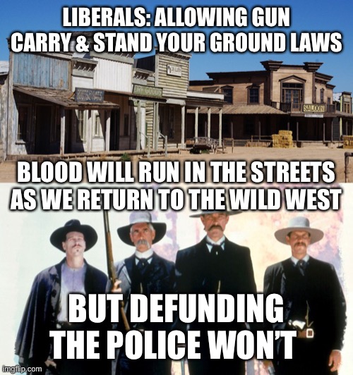 Liberal Logic | LIBERALS: ALLOWING GUN CARRY & STAND YOUR GROUND LAWS; BLOOD WILL RUN IN THE STREETS AS WE RETURN TO THE WILD WEST; BUT DEFUNDING THE POLICE WON’T | image tagged in gun control,people control,liberals,wild west,defund police | made w/ Imgflip meme maker