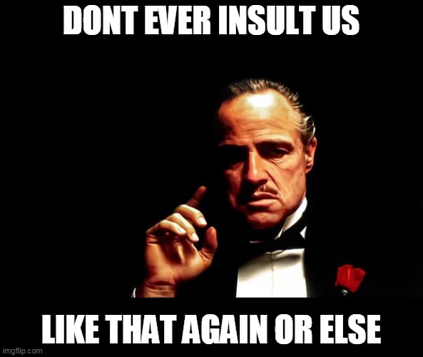 Godfather business | DONT EVER INSULT US LIKE THAT AGAIN OR ELSE | image tagged in godfather business | made w/ Imgflip meme maker