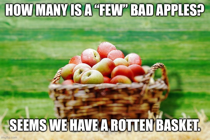 A few bad apples | HOW MANY IS A “FEW” BAD APPLES? SEEMS WE HAVE A ROTTEN BASKET. | image tagged in police,blm,black lives matter,police brutality,say her name | made w/ Imgflip meme maker