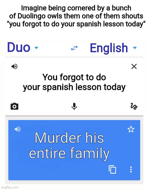 Google Translate | Imagine being cornered by a bunch of Duolingo owls them one of them shouts "you forgot to do your spanish lesson today"; English; Duo; You forgot to do your spanish lesson today; Murder his entire family | image tagged in google translate | made w/ Imgflip meme maker