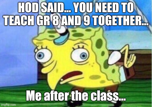 Mocking Spongebob | HOD SAID... YOU NEED TO TEACH GR 8 AND 9 TOGETHER... Me after the class... | image tagged in memes,mocking spongebob | made w/ Imgflip meme maker
