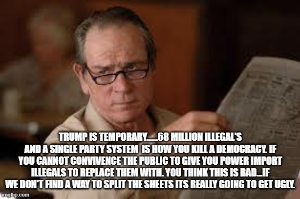 no country for old men tommy lee jones | TRUMP IS TEMPORARY......68 MILLION ILLEGAL'S AND A SINGLE PARTY SYSTEM  IS HOW YOU KILL A DEMOCRACY. IF YOU CANNOT CONVIVENCE THE PUBLIC TO  | image tagged in no country for old men tommy lee jones | made w/ Imgflip meme maker