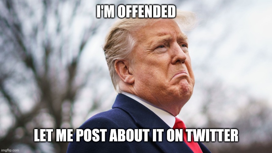 Trump | I'M OFFENDED; LET ME POST ABOUT IT ON TWITTER | image tagged in president trump | made w/ Imgflip meme maker